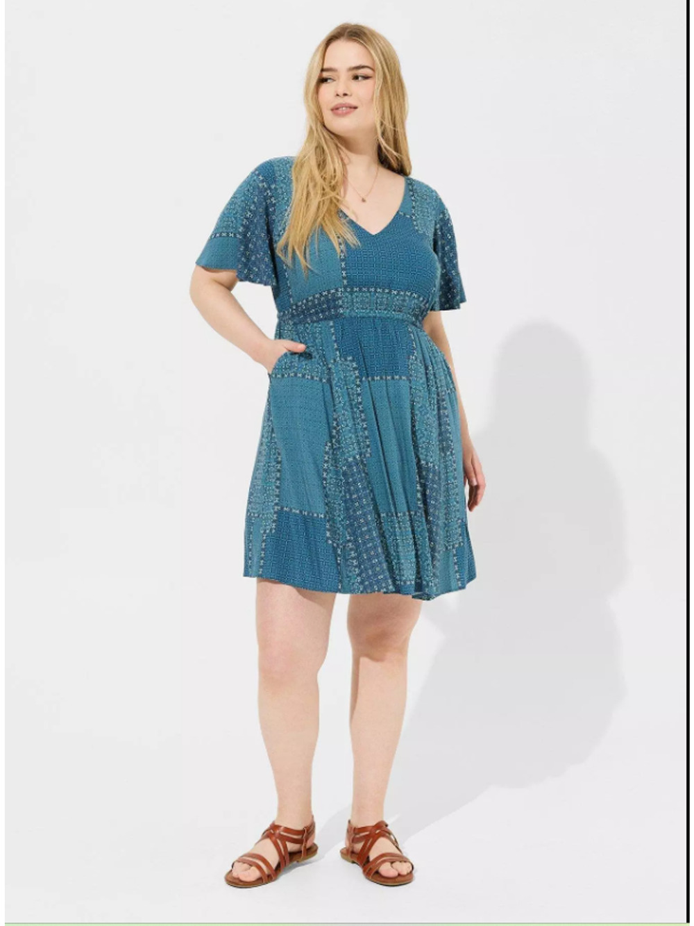 NWT Torrid Floral Patchwork Boho Cottagecore Dress 1X Blue V Neck Elastic Waist